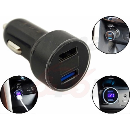 CZARNA ŁADOWARKA POD GNIAZDO ZAPALNICZKI 2x USB QC 3.0 12V / 24V + WOLTOMIERZ