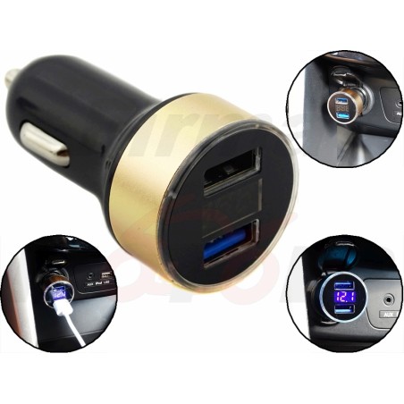 ZŁOTA ŁADOWARKA POD GNIAZDO ZAPALNICZKI 2x USB QC 3.0 12V / 24V + WOLTOMIERZ