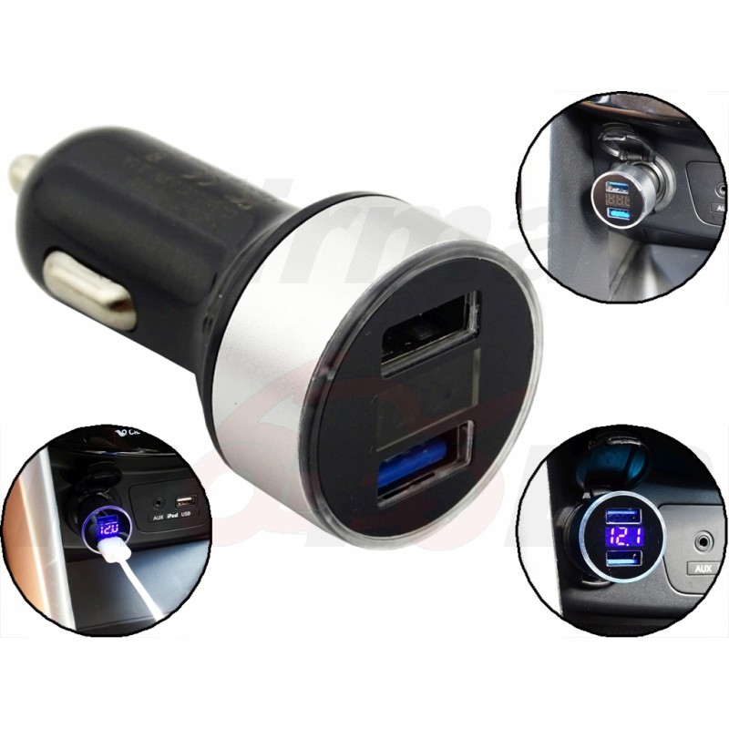SREBRNA ŁADOWARKA POD GNIAZDO ZAPALNICZKI 2x USB QC 3.0 12V / 24V + WOLTOMIERZ