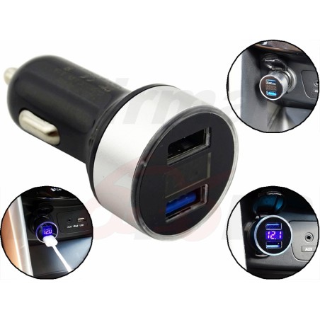 SREBRNA ŁADOWARKA POD GNIAZDO ZAPALNICZKI 2x USB QC 3.0 12V / 24V + WOLTOMIERZ
