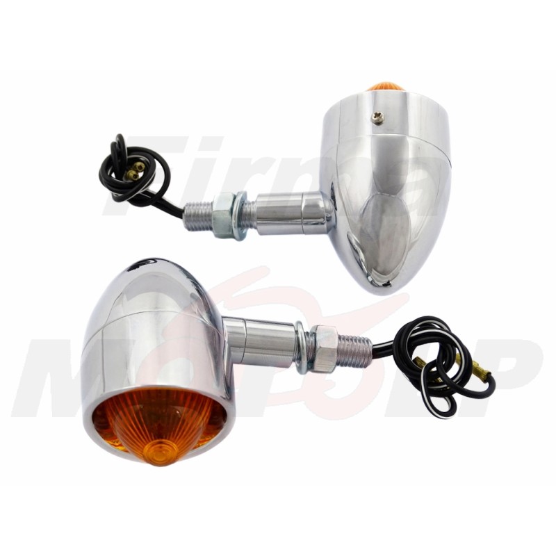 MIGACZE KIERUNKOWSKAZY KIERUNKI METALOWE CHROMOWANE Z DASZKIEM 12V 23W GWINT M10