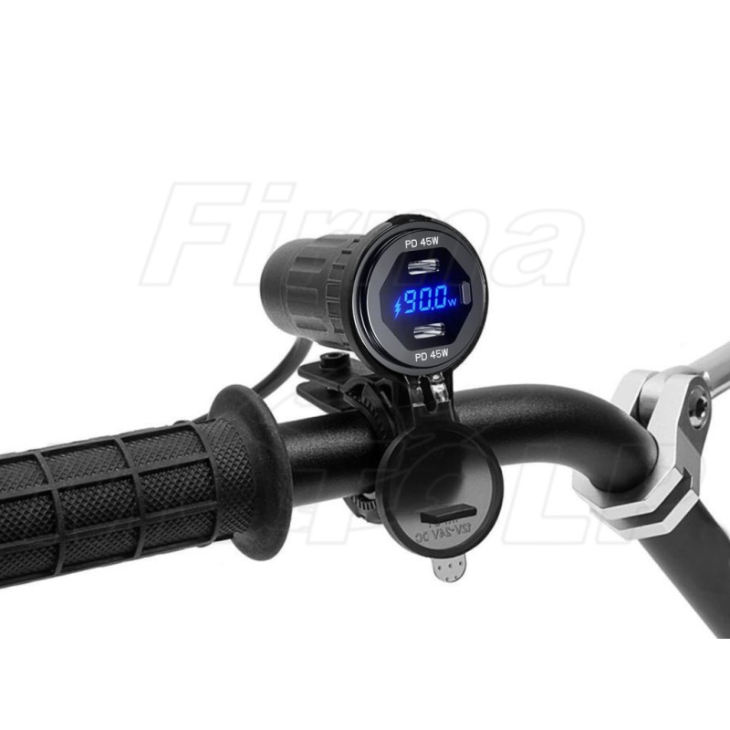MOTOCYKLOWE GNIAZDO 2X USB Typ-C PD 90W + WOLTOMIERZ NA KIEROWNICĘ