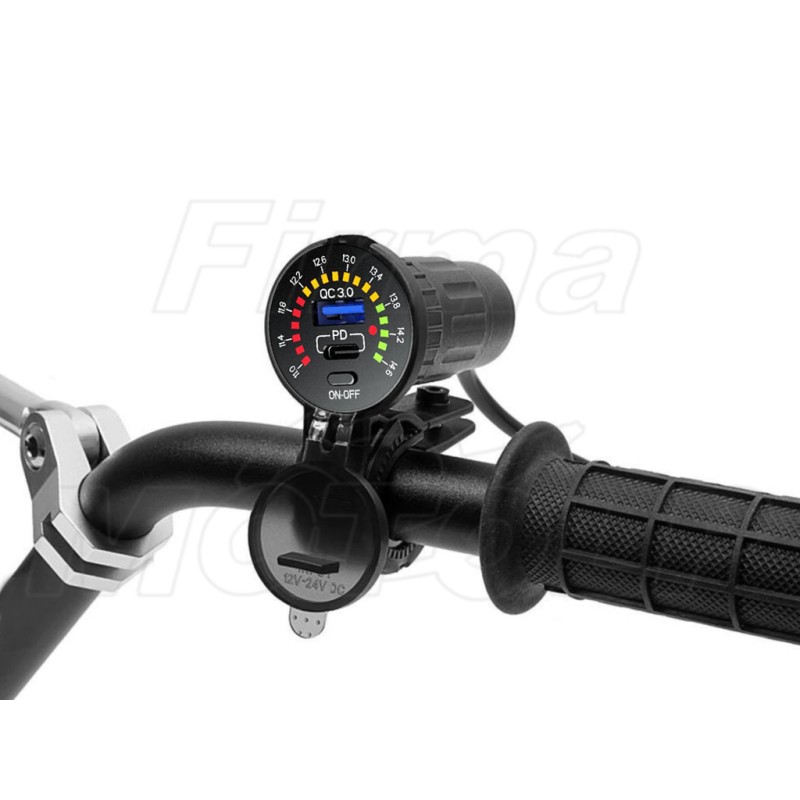 MOTOCYKLOWE GNIAZDO USB Typ-C + QC 3.0 + WOLTOMIERZ NA KIEROWNICĘ