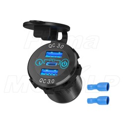 MOTOCYKLOWE GNIAZDO 2X USB QC 3.0 + USB Typ-C (PD) + WOLTOMIERZ NA KIEROWNICĘ
