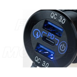 MOTOCYKLOWE GNIAZDO 2X USB QC 3.0 + USB Typ-C (PD) + WOLTOMIERZ NA KIEROWNICĘ